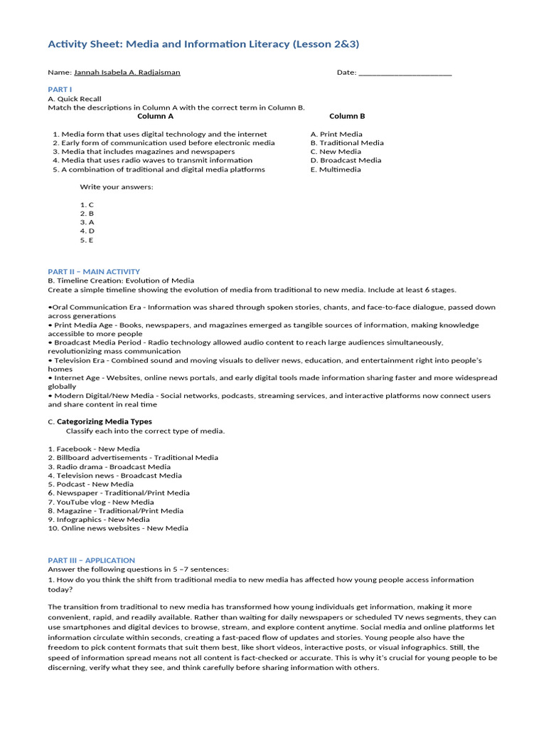 MIL Activity Sheet | PDF | New Media | Mass Media