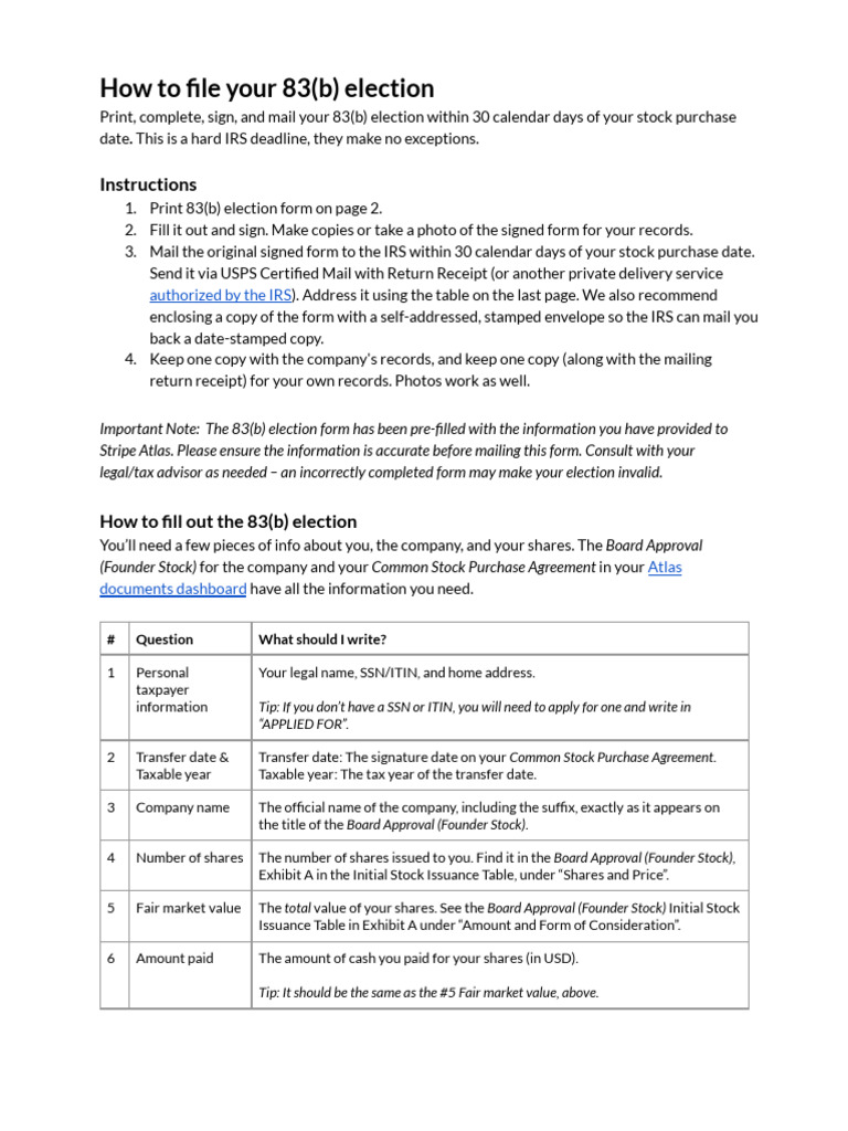 How To File Your IRS 83 B Election | PDF | Internal Revenue Service ...