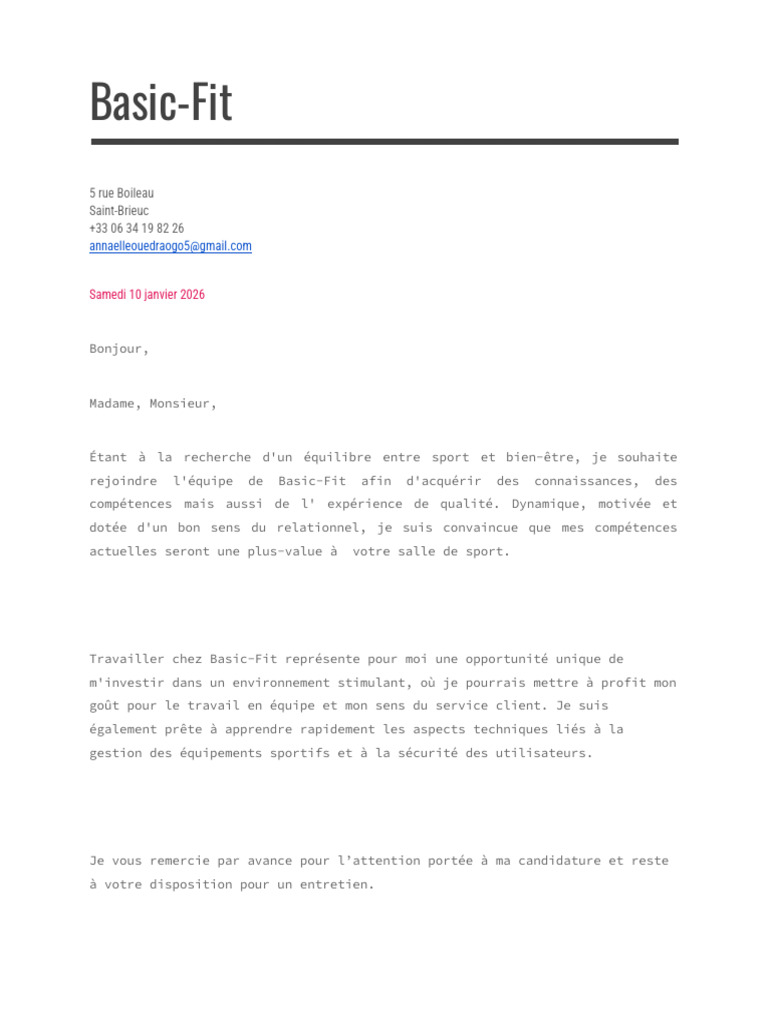 Lettre de Motivation Basic-Fit | PDF