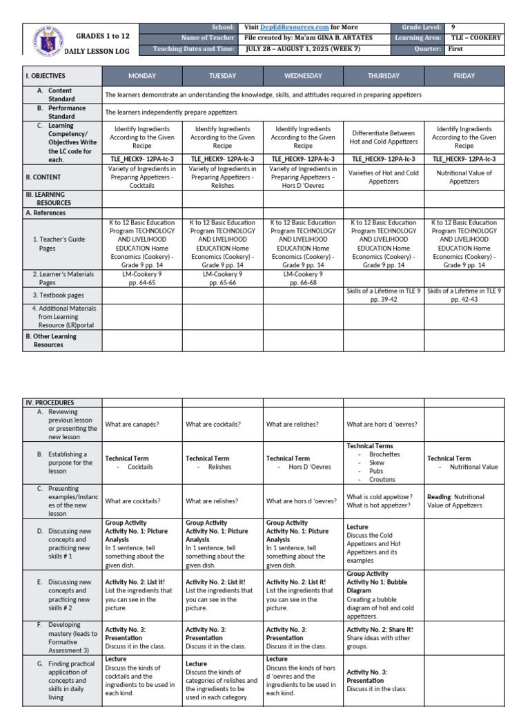 DLL - Tle Cookery 9 - Q1 - W7 | PDF | Hors D'oeuvre | Recipe