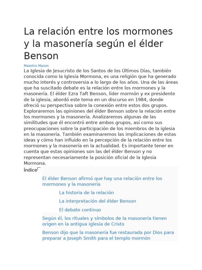 La Relación Entre Los Mormones y La Masonería Según El Élder Benson ...