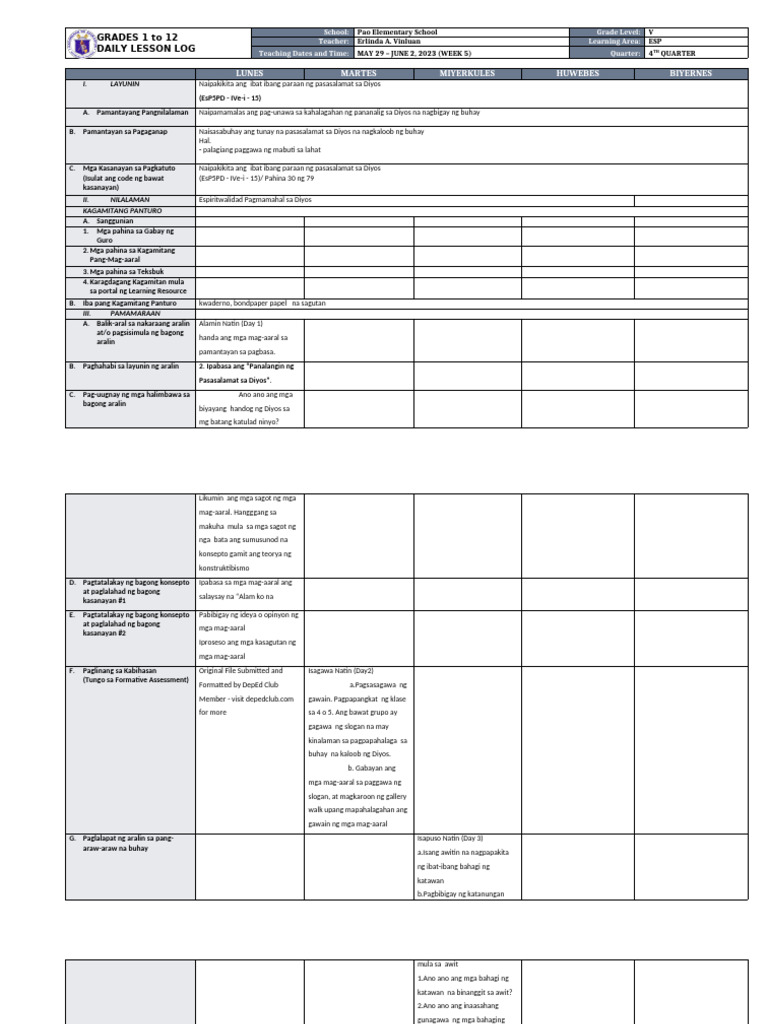 DLL Esp 5 q4 w5 | PDF | Differentiated Instruction | Lecture
