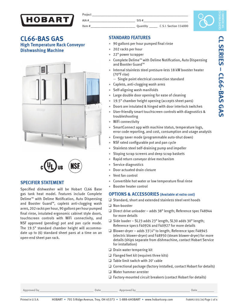 Hoja CL66-BAS-Gas-SpecSheet | PDF | Dishwasher | Water Heating