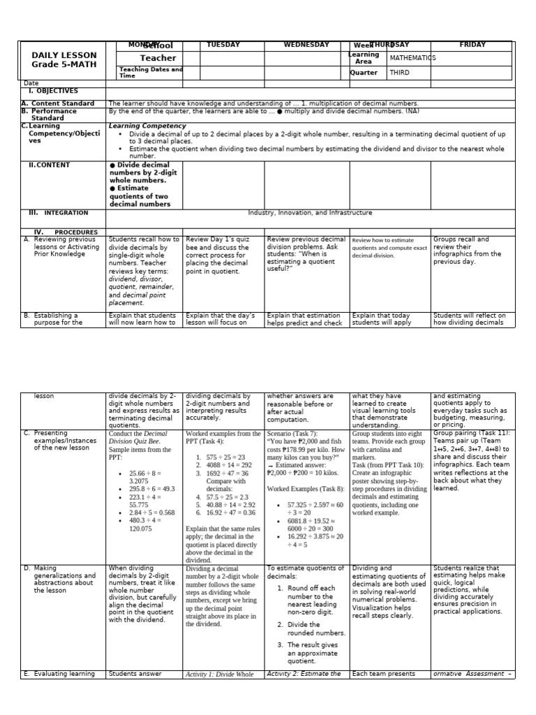 Q3-Math 5 Week 8 DLL | PDF | Division (Mathematics) | Cognition