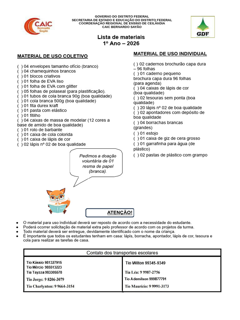 Lista de Material 1º Ano 2026 | PDF