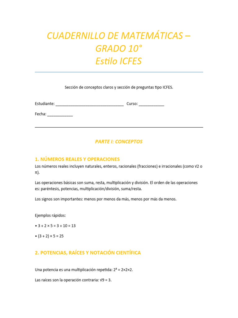 Cuadernillo Matematicas - Grado 10° Icfes | PDF | Multiplicación ...