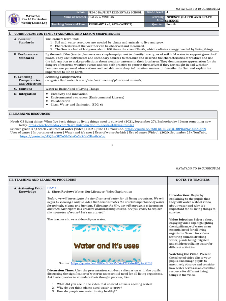 DTC DLL Matatag Science 4 q4 w2 | PDF | Curriculum | Water