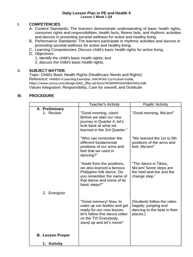 PE and Health 4 DLP Q4 Week 1 Day 1 | PDF