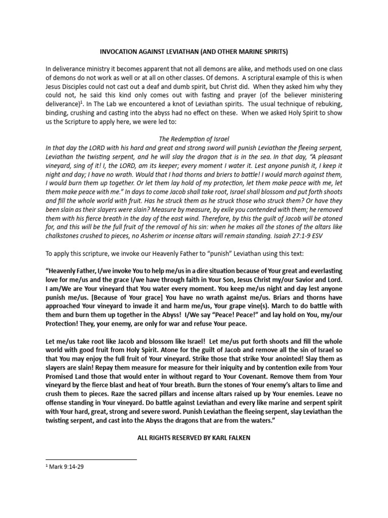 INVOCATION AGAINST LEVIATHAN SPIRIT Rev 0 | PDF | Deliverance Ministry ...