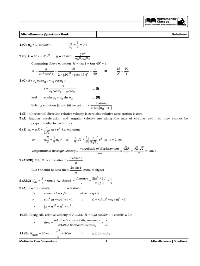 Motion in 2D Solution Miscellaneous Question Bank | PDF | Acceleration ...