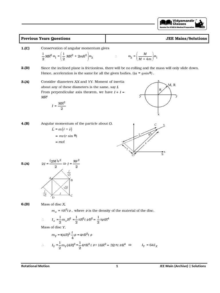 Rotation Solution JEE Main Archive | PDF | Mechanics | Physics