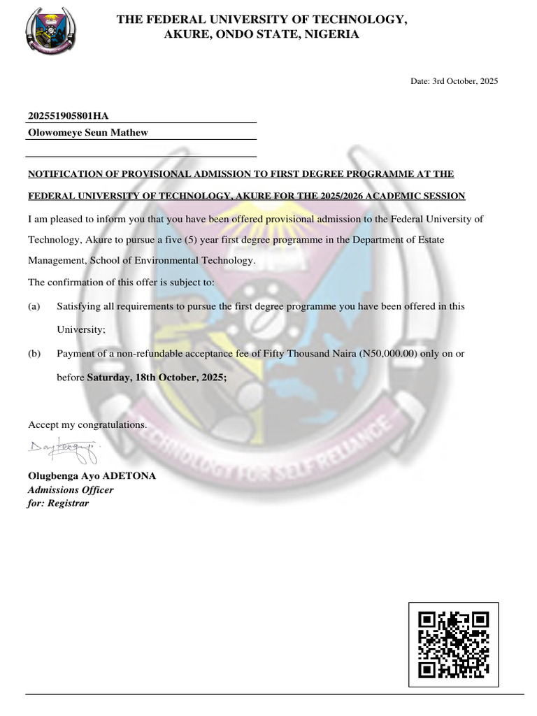Olowomeye Seun Mathew Admission Letter | PDF