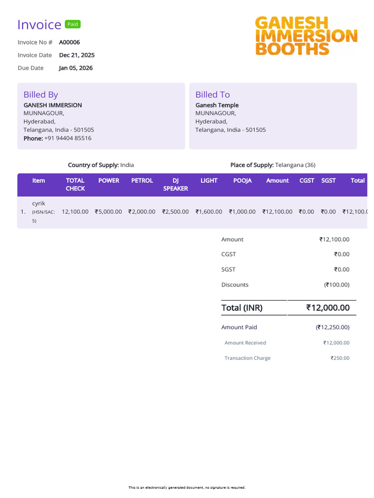 Invoice #A00006 - Ganesh Immersion - Ganesh Temple | PDF