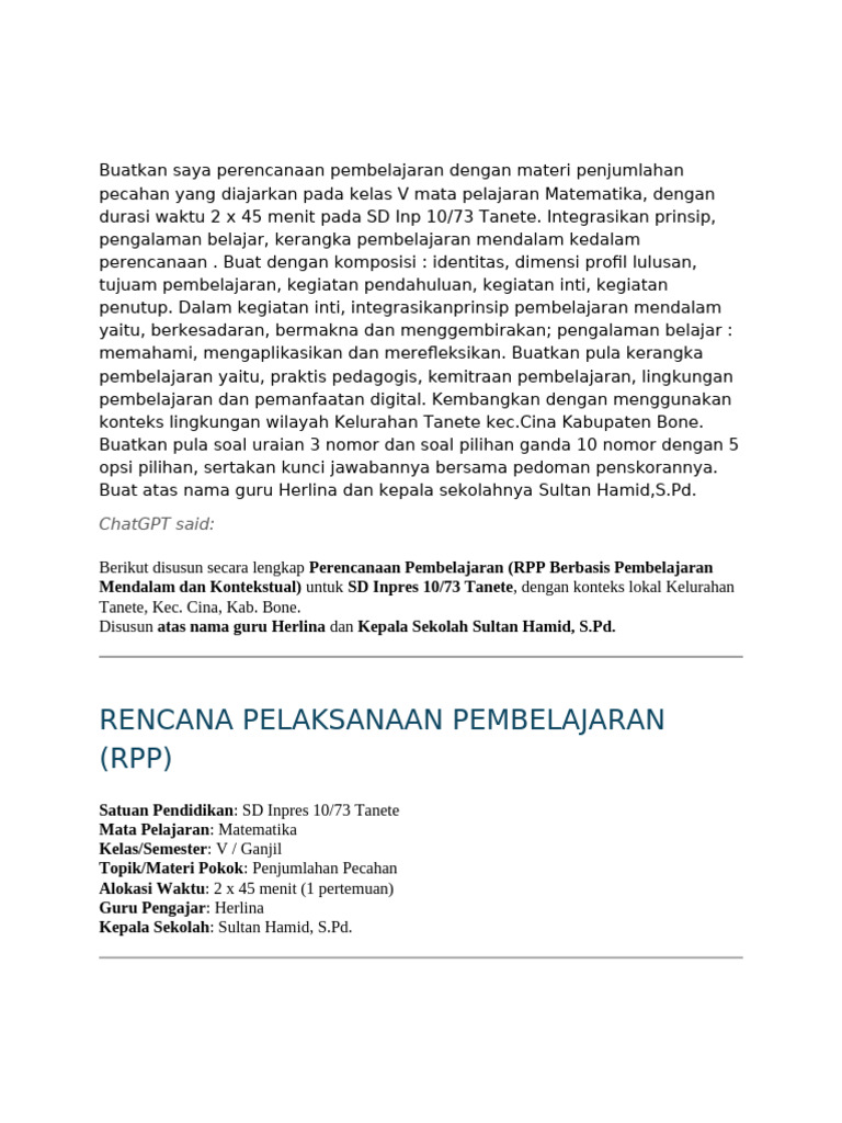 CONTOH RPP Dengan Mengunakan Aplikasi ChatGPT | PDF
