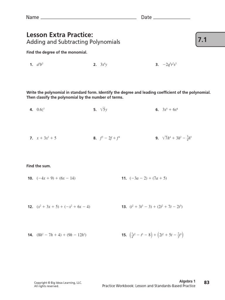7.1 - Lesson Extra Practice | PDF | Polynomial | Abstract Algebra