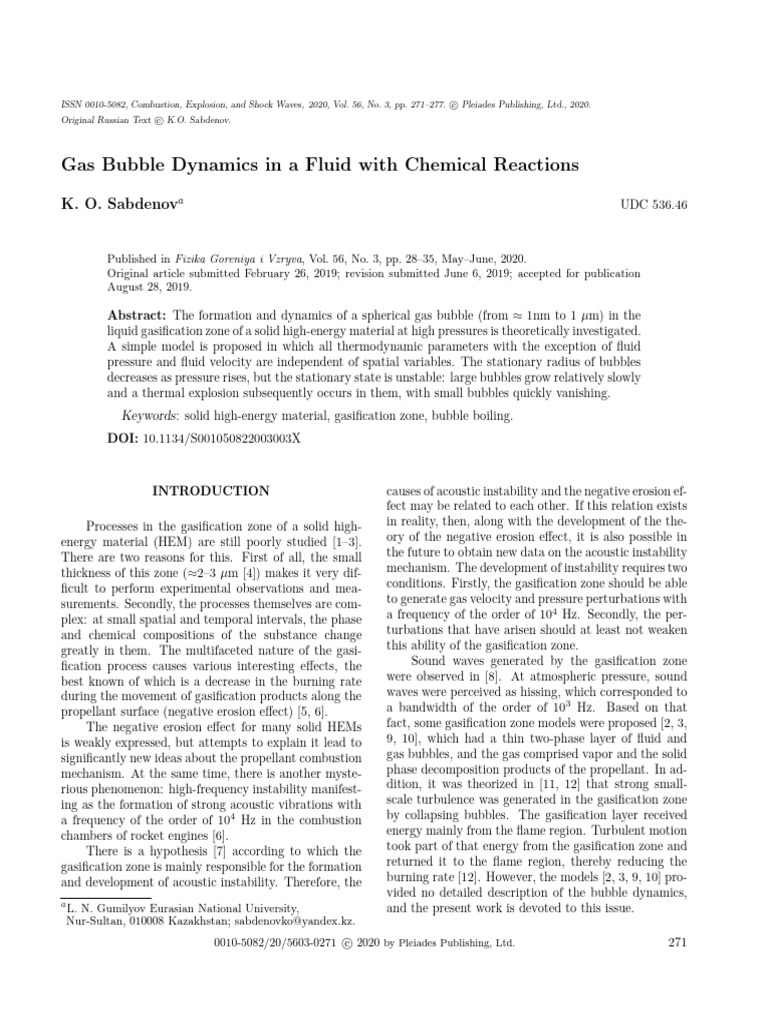 Gas Bubble Dynamics in a Fluid With Chemical Reactions | PDF | Gases ...