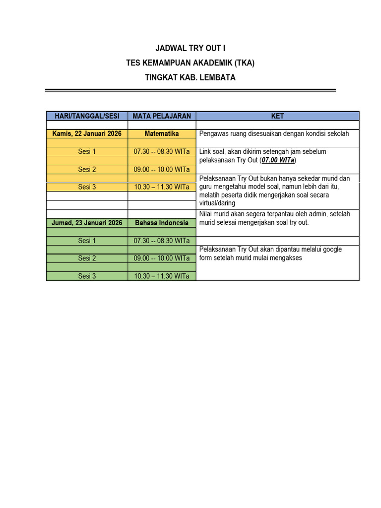 Jadwal Try Out I Tka | PDF