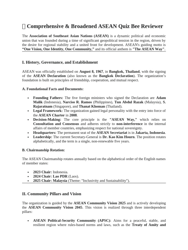Asean - Division Quiz Bee Reviewer | PDF | Asean Free Trade Area ...