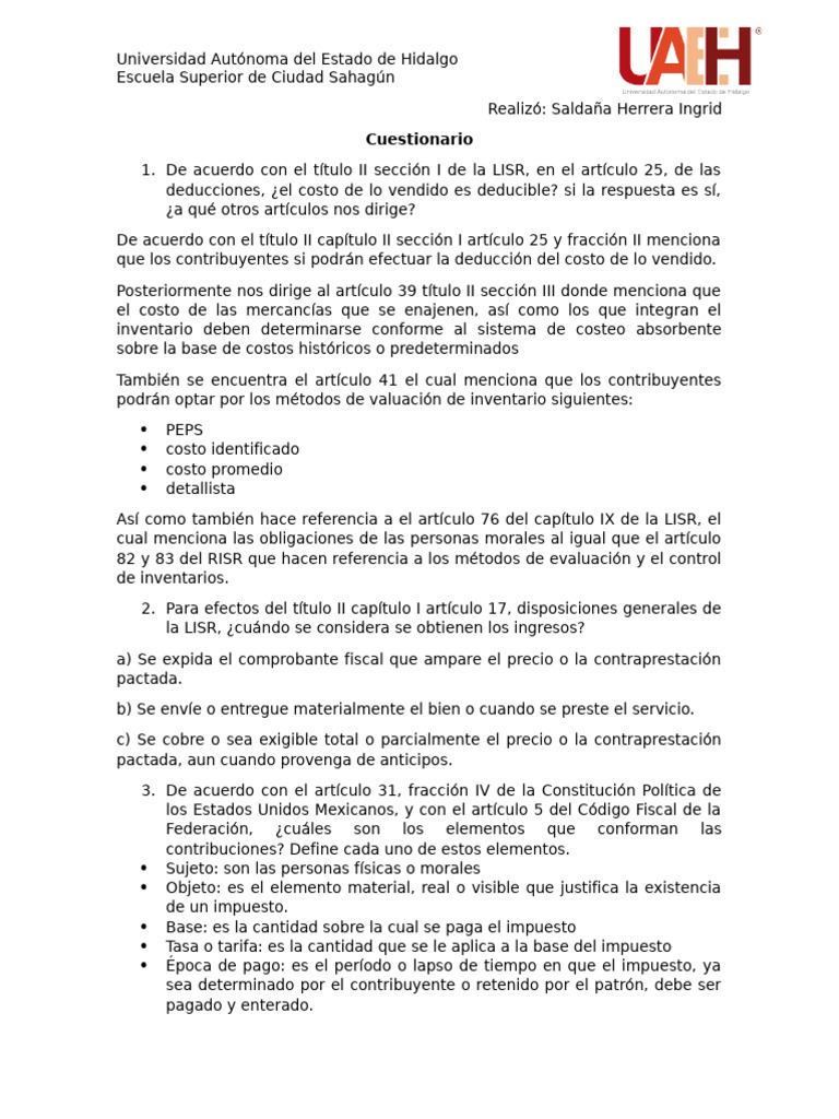 Cuestionario Fiscal | PDF | Impuesto sobre la renta | Impuestos