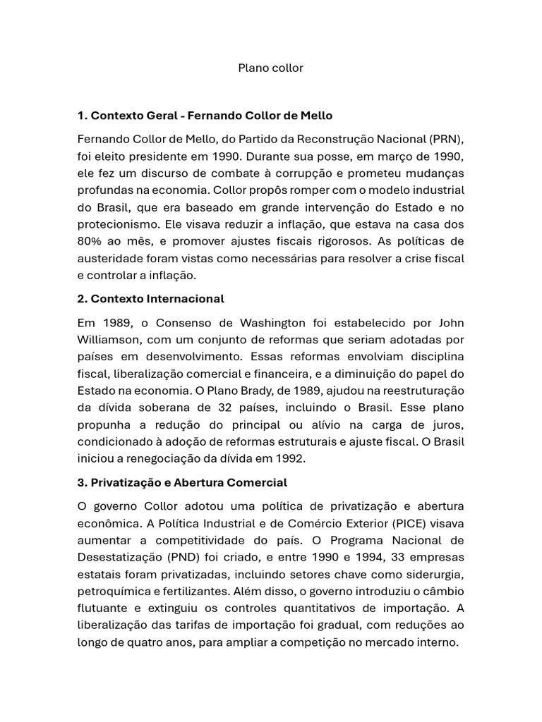 Plano Collor | PDF | Inflação | Politica fiscal