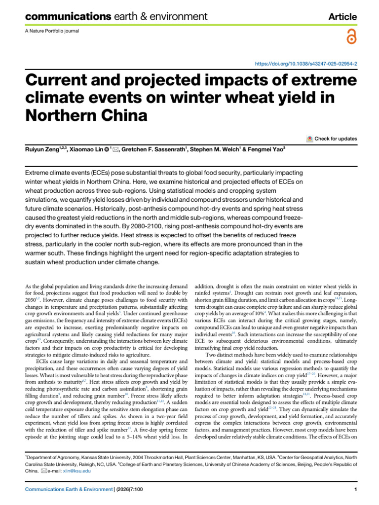 Current and Projected Impacts of Extreme Climate Events On Winter Wheat ...
