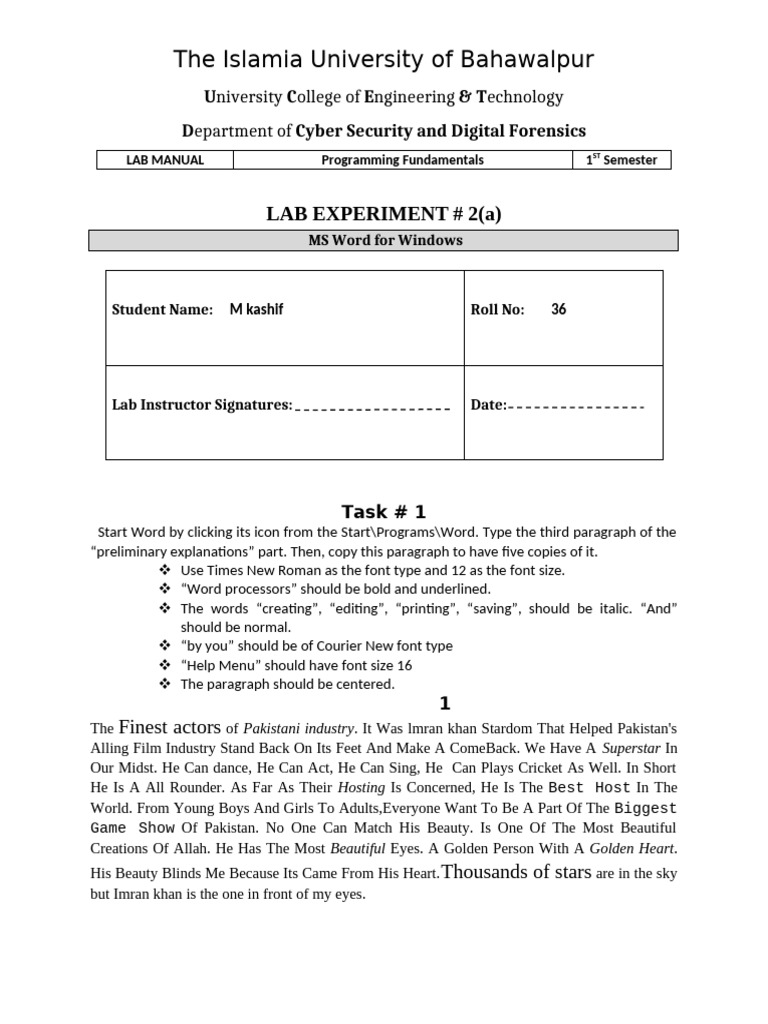 PF Lab Report N0 2 Zeba Khan. | PDF | Text | Typography