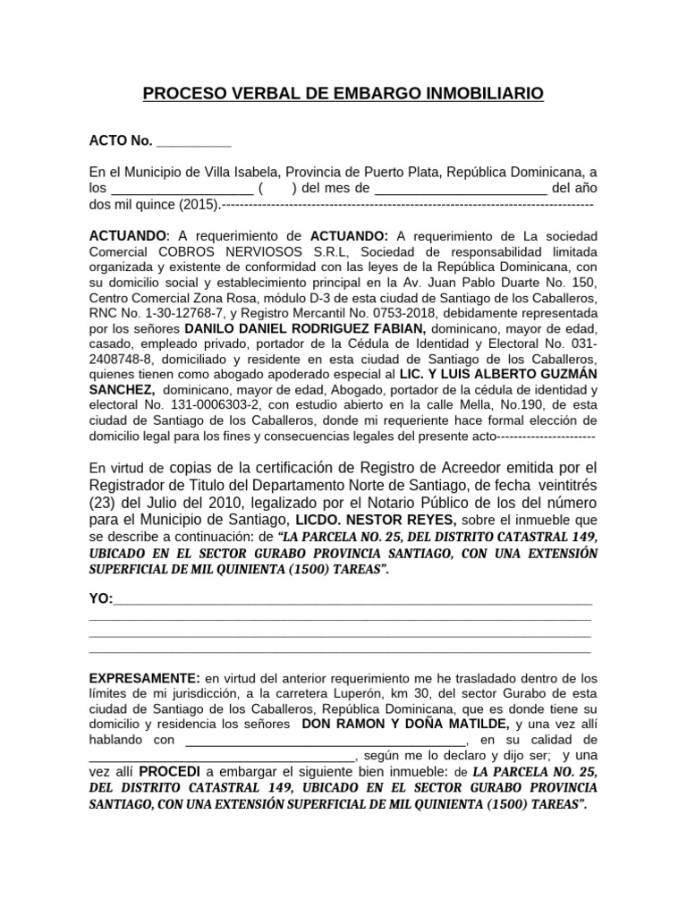Proceso Verbal de Embargo Inmobiliario-Cobros Nerviosos S.R.L. Daniel ...