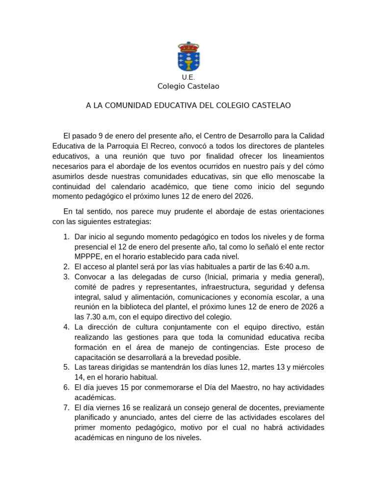 Comunicación A La Comunidad Educativa Del Colegio Castelao | PDF