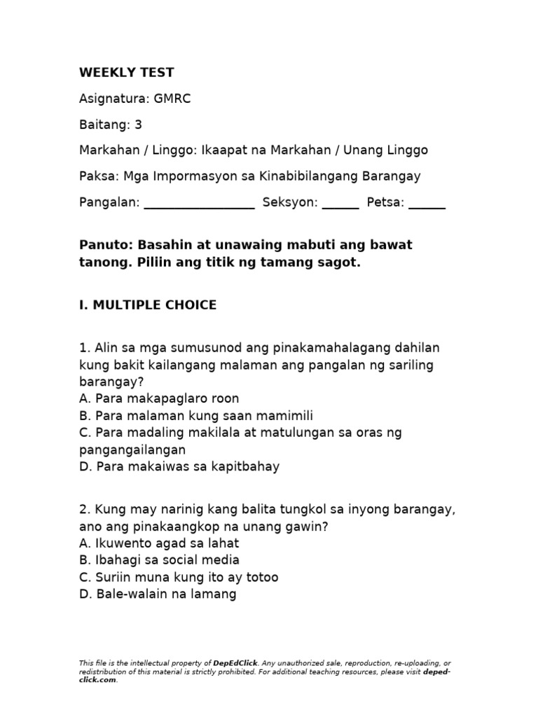 Grade3 GMRC Weekly Test Week1 | PDF
