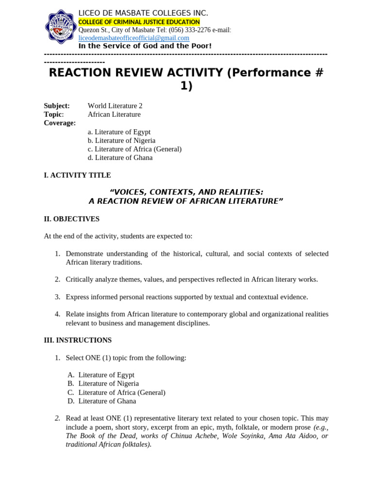 Reaction Review Activity | PDF | African Literature | Human Communication