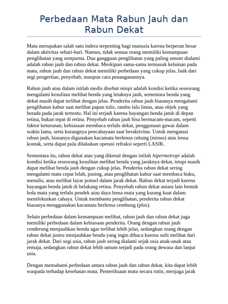 Perbedaan Mata Rabun Jauh Dan Rabun Dekat | PDF
