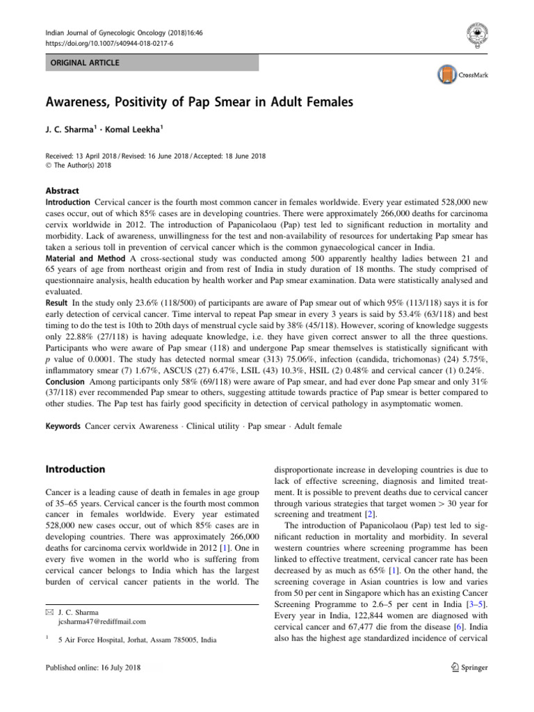 Awareness Positivity of Pap Smear in Adult Females | PDF | Cervical ...
