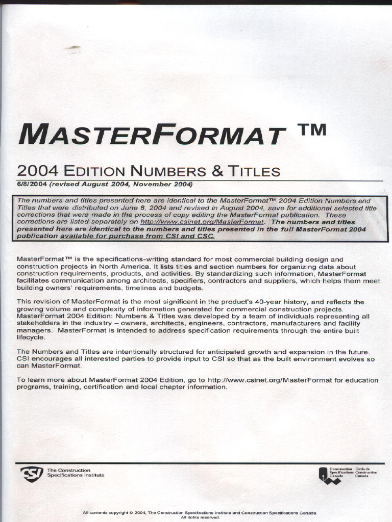 Index of Master Format 2004 | PDF