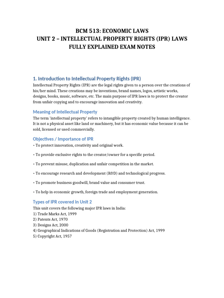 BCM 513 Unit 2 Full Explained Notes | PDF | Intellectual Property ...