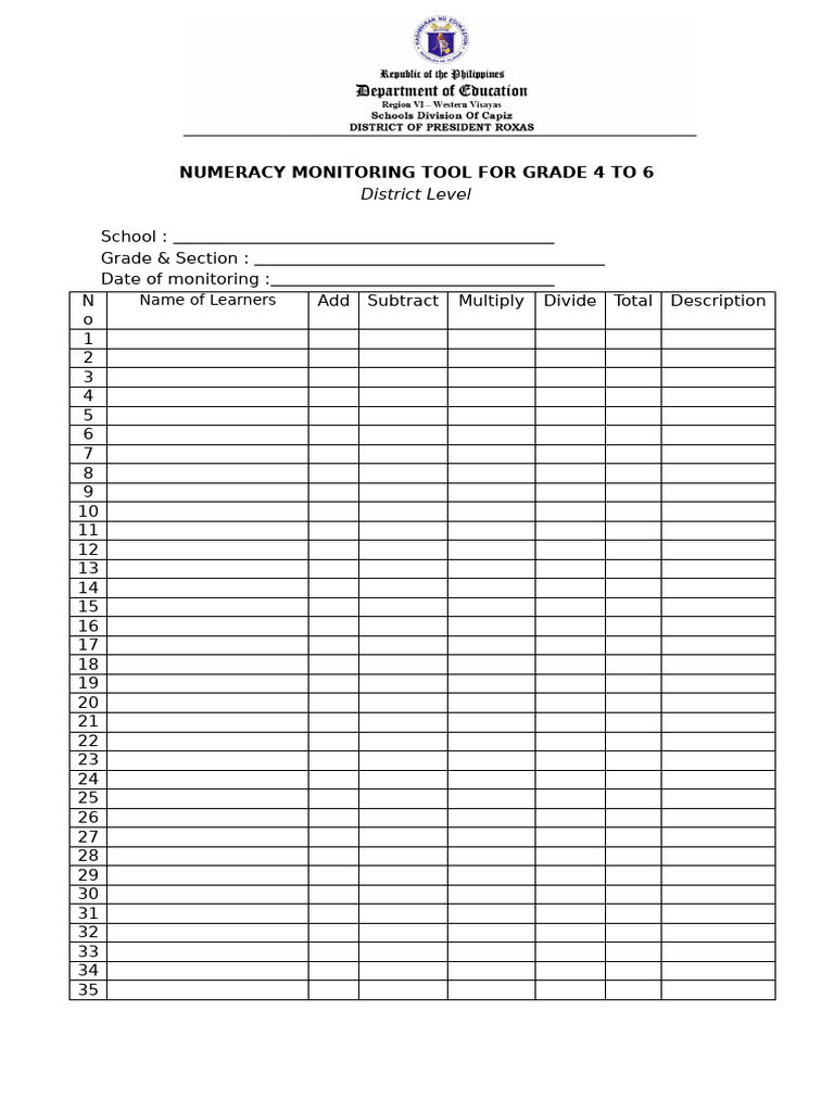 Numeracy Monitoring Tool For Grade 4 To 6 | PDF