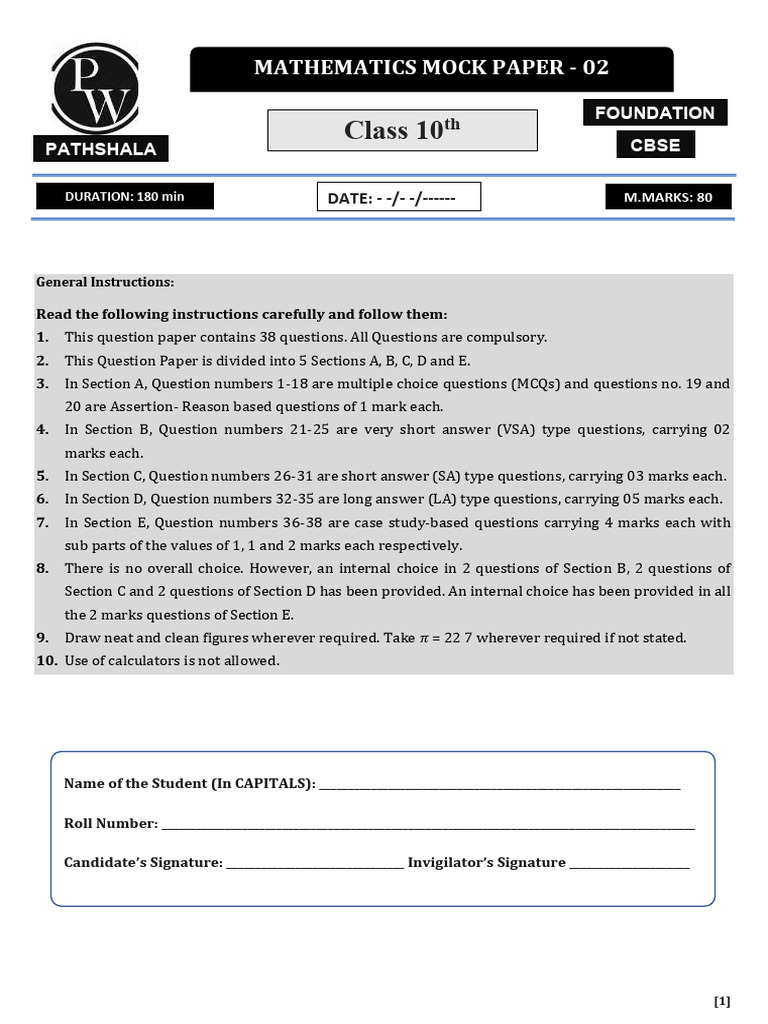 Mathematics Mock Paper-2 | PDF | Quadratic Equation | Circle
