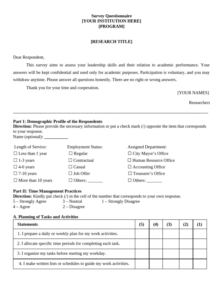 Survey Questionnaire | PDF | Questionnaire