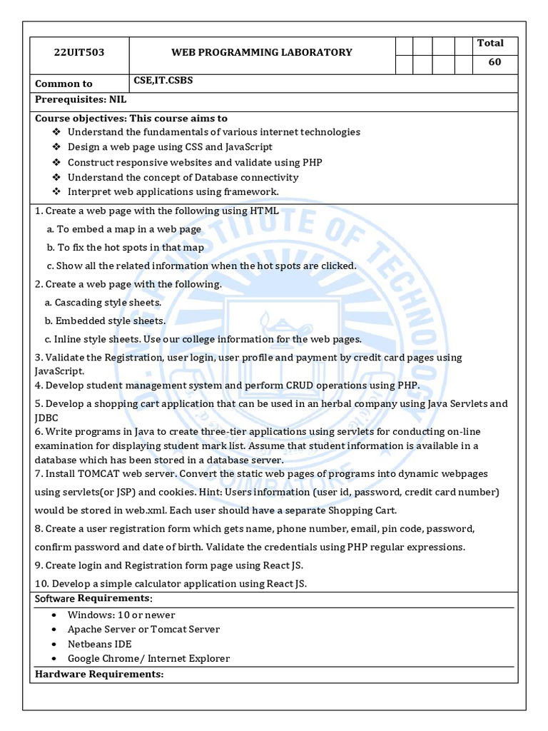22UIT501 - Web Programming Laboratory Syllabus | PDF | World Wide Web ...