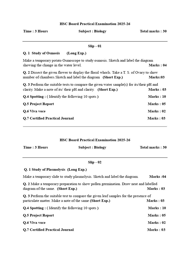 HSC Board Practical Examination 2025 Final | PDF | Stoma | Plants
