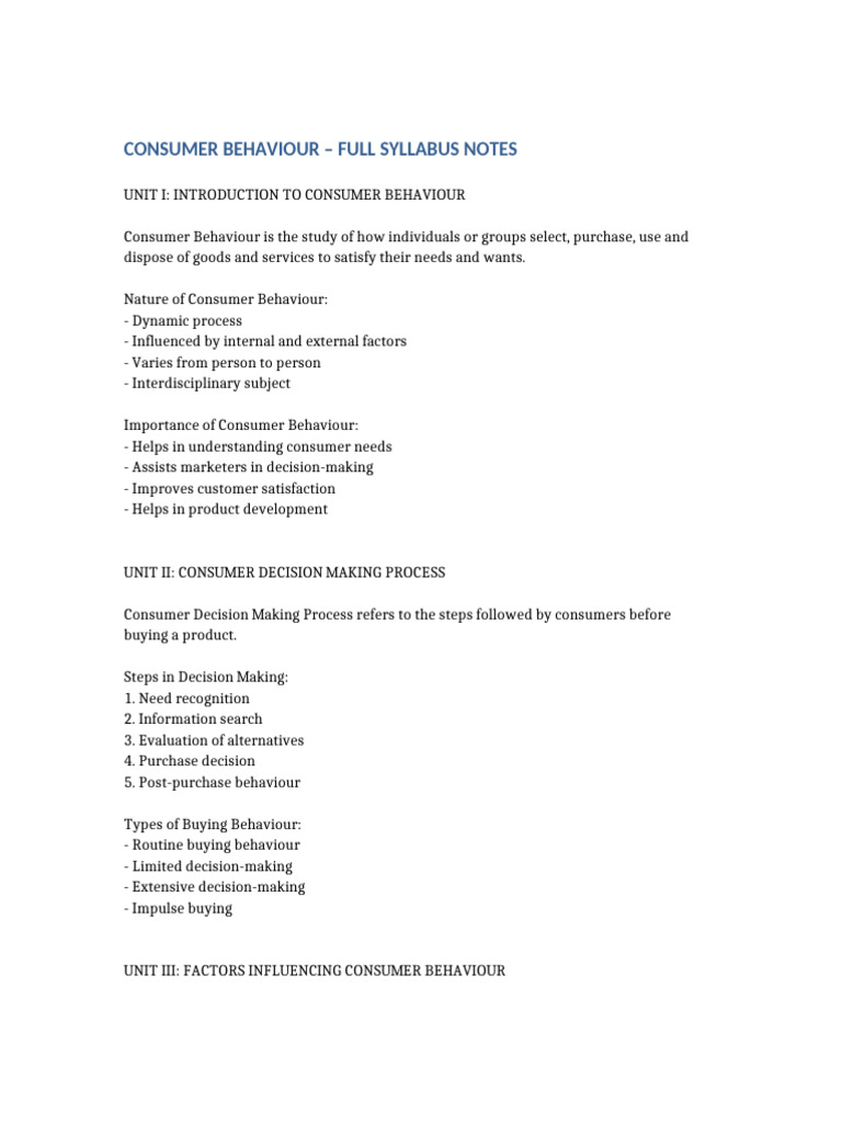 Consumer Behaviour Full Syllabus Notes | PDF