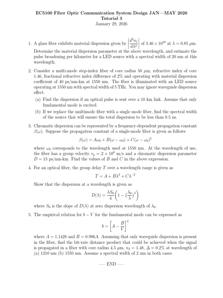 EC5100 JanMay2026 Tut3 | PDF | Dispersion (Optics) | Optical Fiber