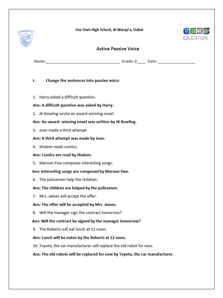 Active Passive Voice Exercise Answer Key | PDF