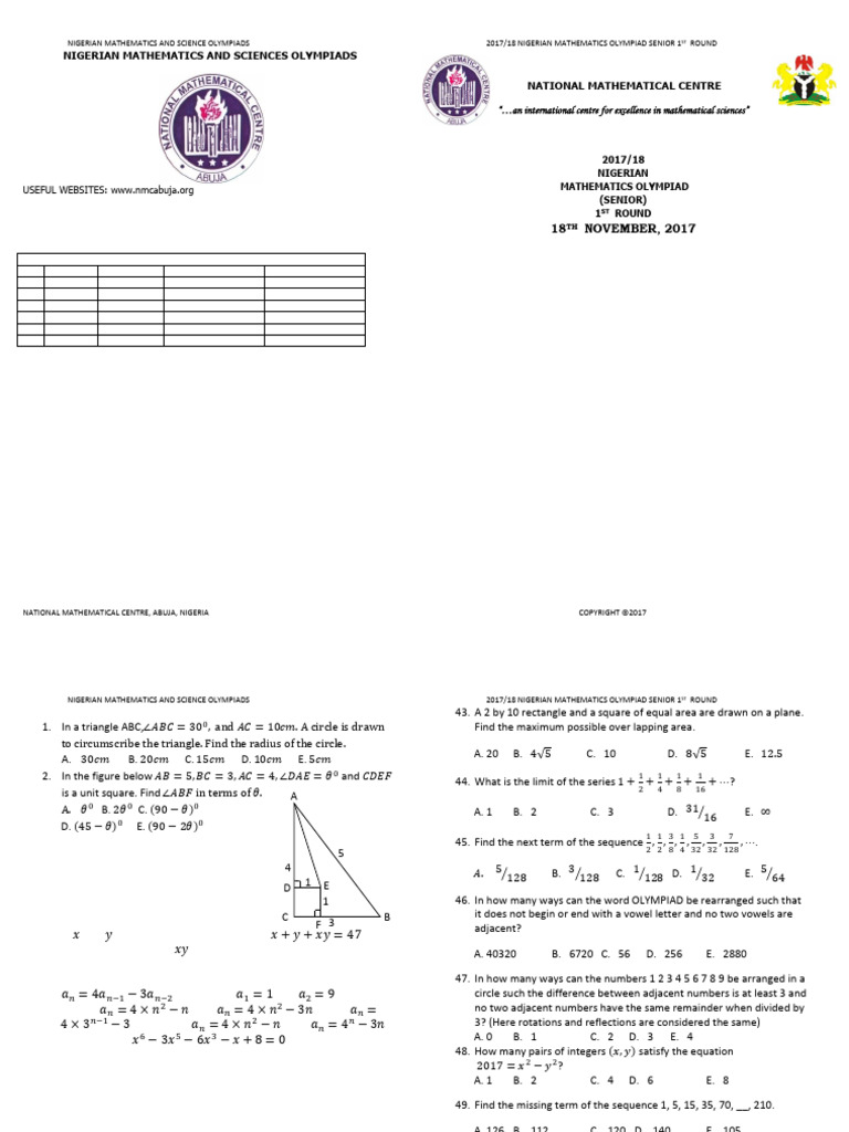 2017 Senior Maths Olympiad First Round - 035941 | PDF | Area | Circle