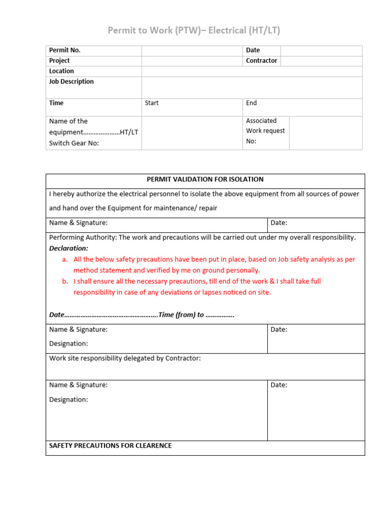L012-OHSE Electrical HT n LT Work Permit Format | PDF | Fuse ...