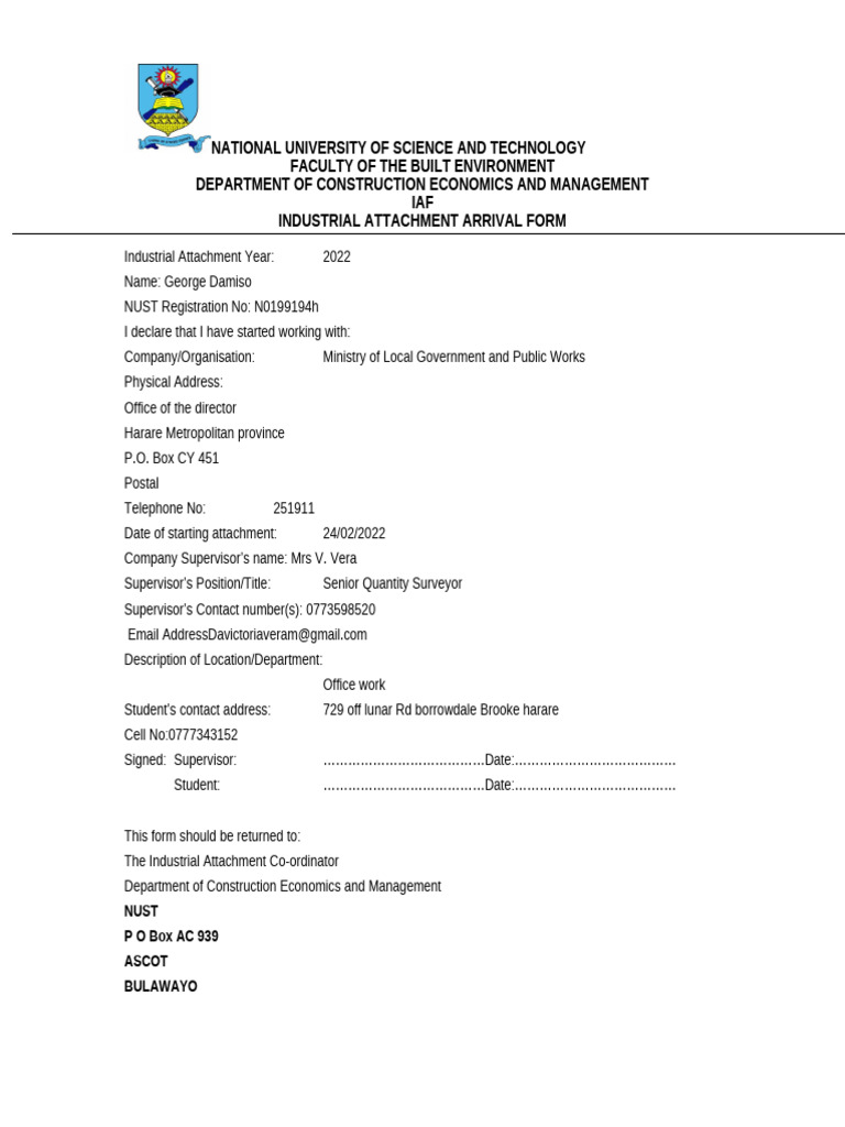 Industrial Attachment Arrival Form (1) | PDF