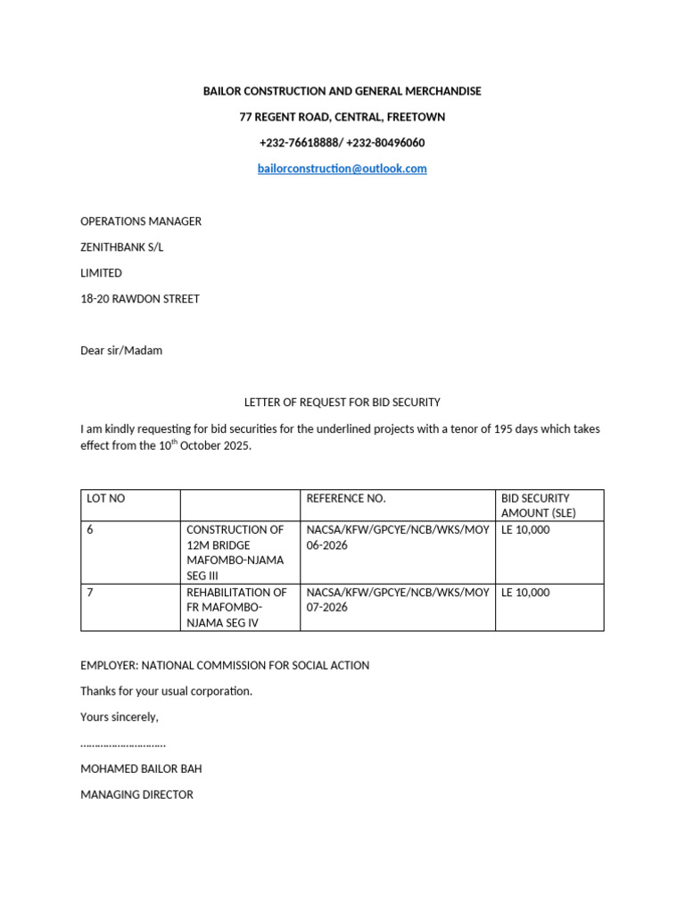 Bailor Construction Letter Req-1 | PDF