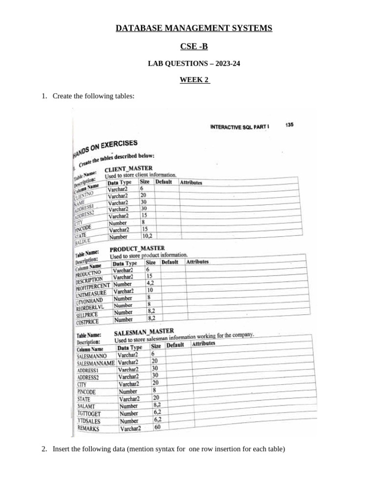 DBMS Lab Questions 2025-26 (Week 2) | PDF