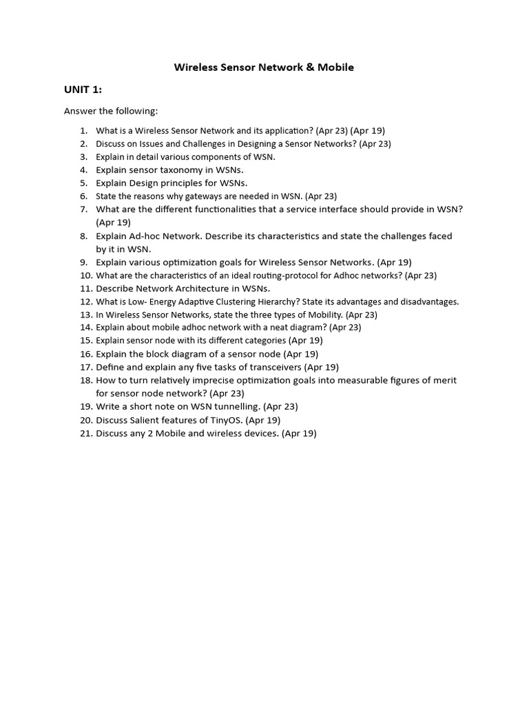 Wireless Sensor Network Question Bank | PDF | Wireless Sensor Network ...