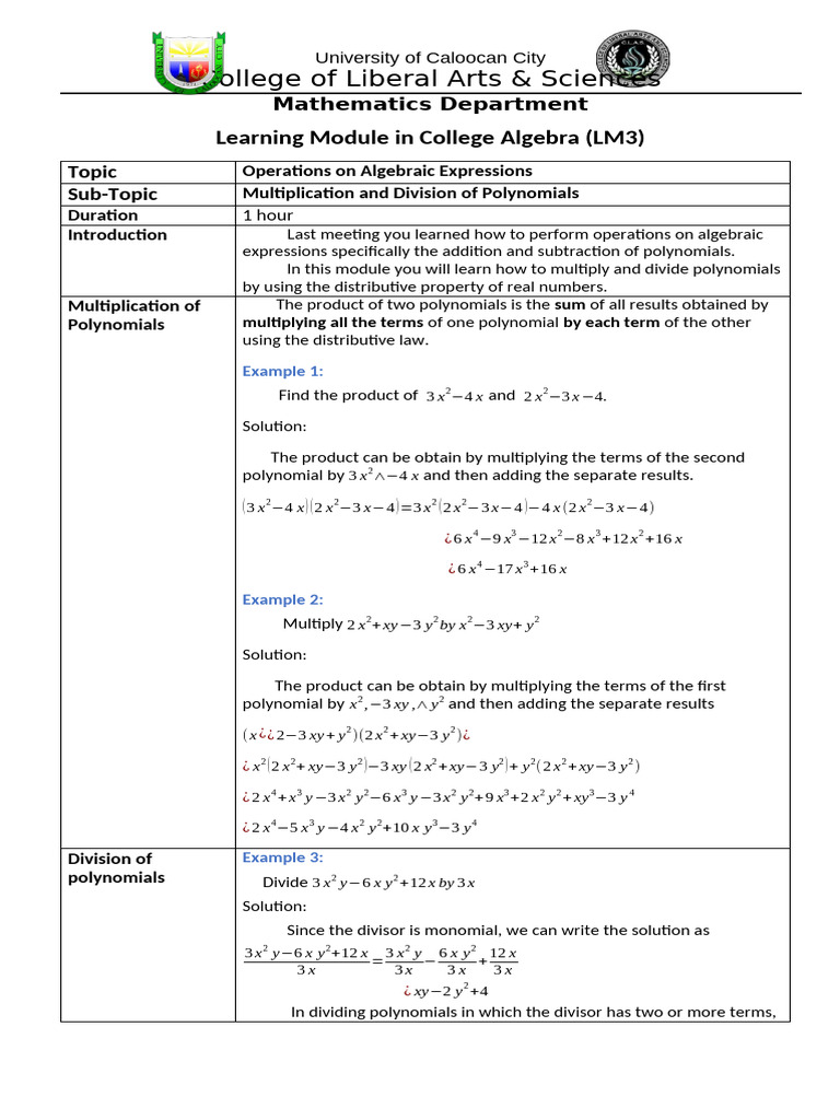College Algebra LM3 | PDF | Division (Mathematics) | Arithmetic