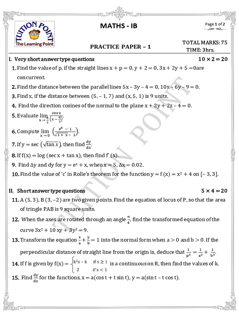 Maths 1B Sample Paper 1 by Satyam Sir | PDF | Elementary Mathematics ...